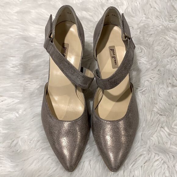 PAUL Green metallic champagne leather strap heels shoes hook & loop closure - Picture 2 of 15